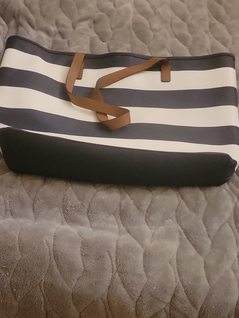 Michael Kors Navy and White Striped Tote with Brown Leather Handles